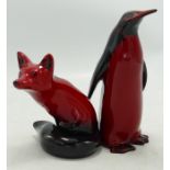 Royal Doulton Flambe Penguin & Seated Fox, tallest 15cm(2)