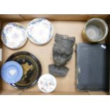 A mixed collection of items including Shelley china dishes, resin bust, boxed cutlery set etc
