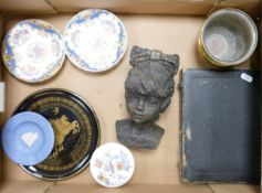 A mixed collection of items including Shelley china dishes, resin bust, boxed cutlery set etc