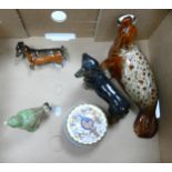 Pottery items to include Diamond jubilee lidded box, Royal Doulton green finch bird, dachshund and a