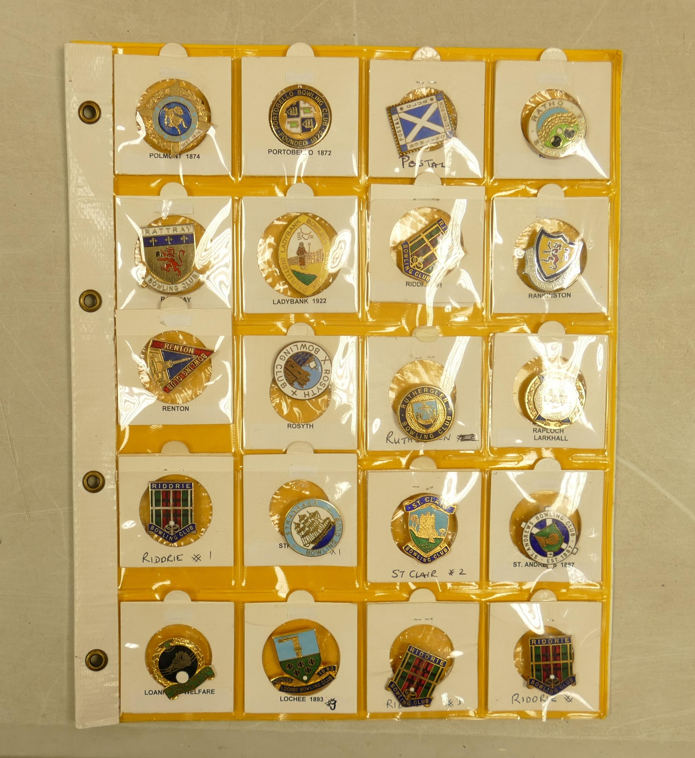 English Bowling club enamel badges x 20 on one page.This is one lot of 15 similar lots offered by us