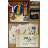WW1 Medal Group & ancillary items awarded to 10702 PTE T Barlow N Staffs, War Badge & Embroidered
