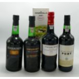 Five bottles of port to include boxed Churchill's reserve, Cockburn's 2009 late bottled port, 2 x