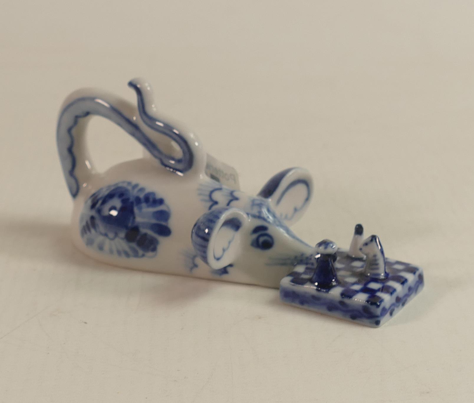 Russian Pottery Mouse Playing Chess Figure, length 11cm