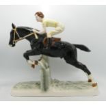 Hertwig Katzhutte Art Deco figure girl on horse jumping fence, approx 27cm in length
