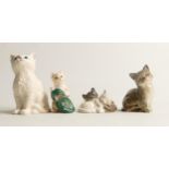 Royal Doulton pair of kittens cuddling, white seated cat grey stripped seated cat and a kitten