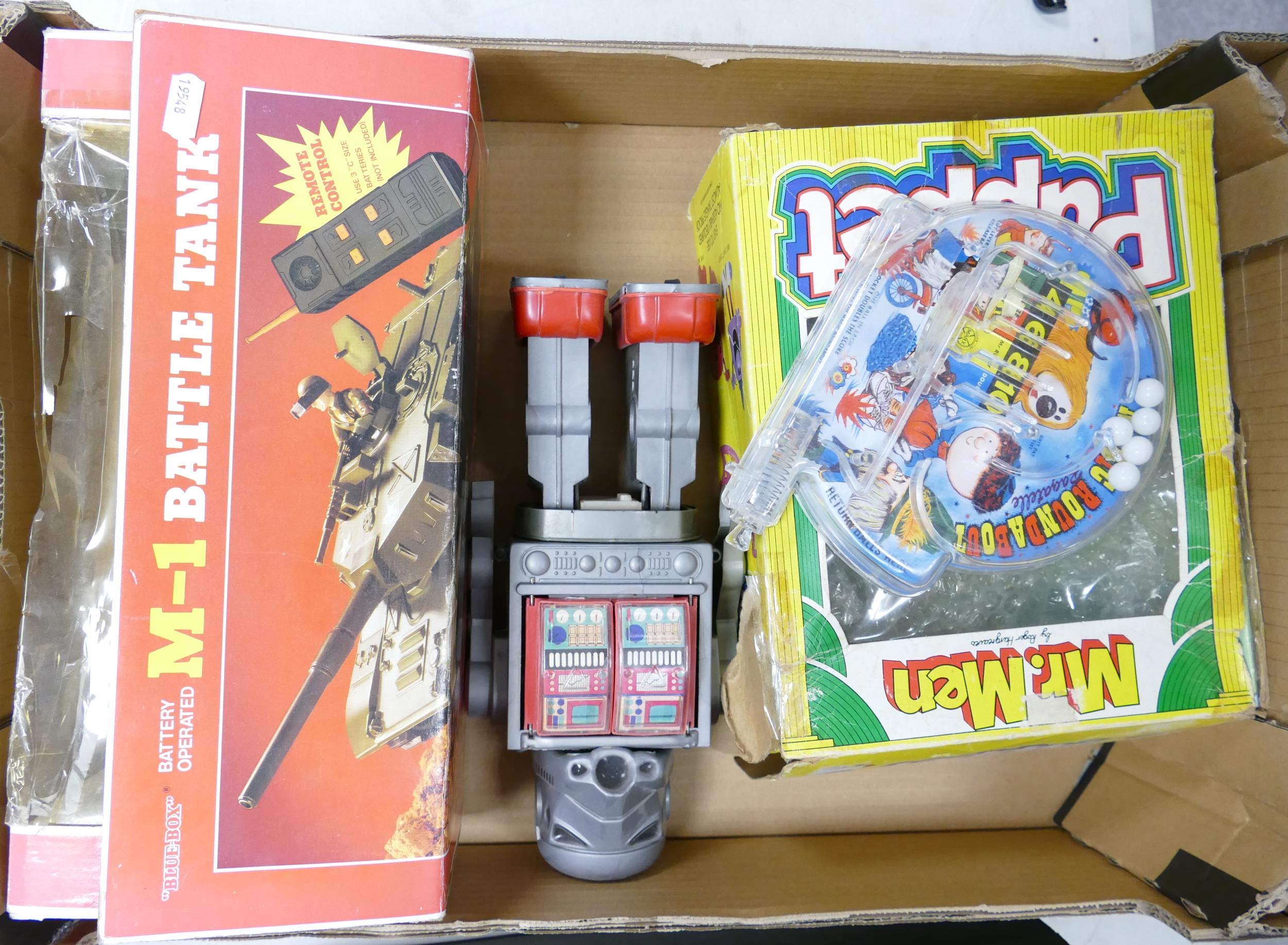 A Collection of Vintage toys to include: Mr Men Puppet, Blue Box boxed M-1 Battle Tank , Magic Round