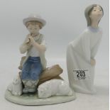 Lladro figure of a girl and Nao figure of a shepherd boy playing flute. (2)