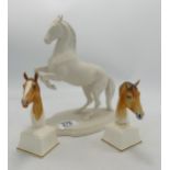 Royal Worcester Horse Busts Eous & Aethon (damaged) together with bisque figure of rearing horse(3)