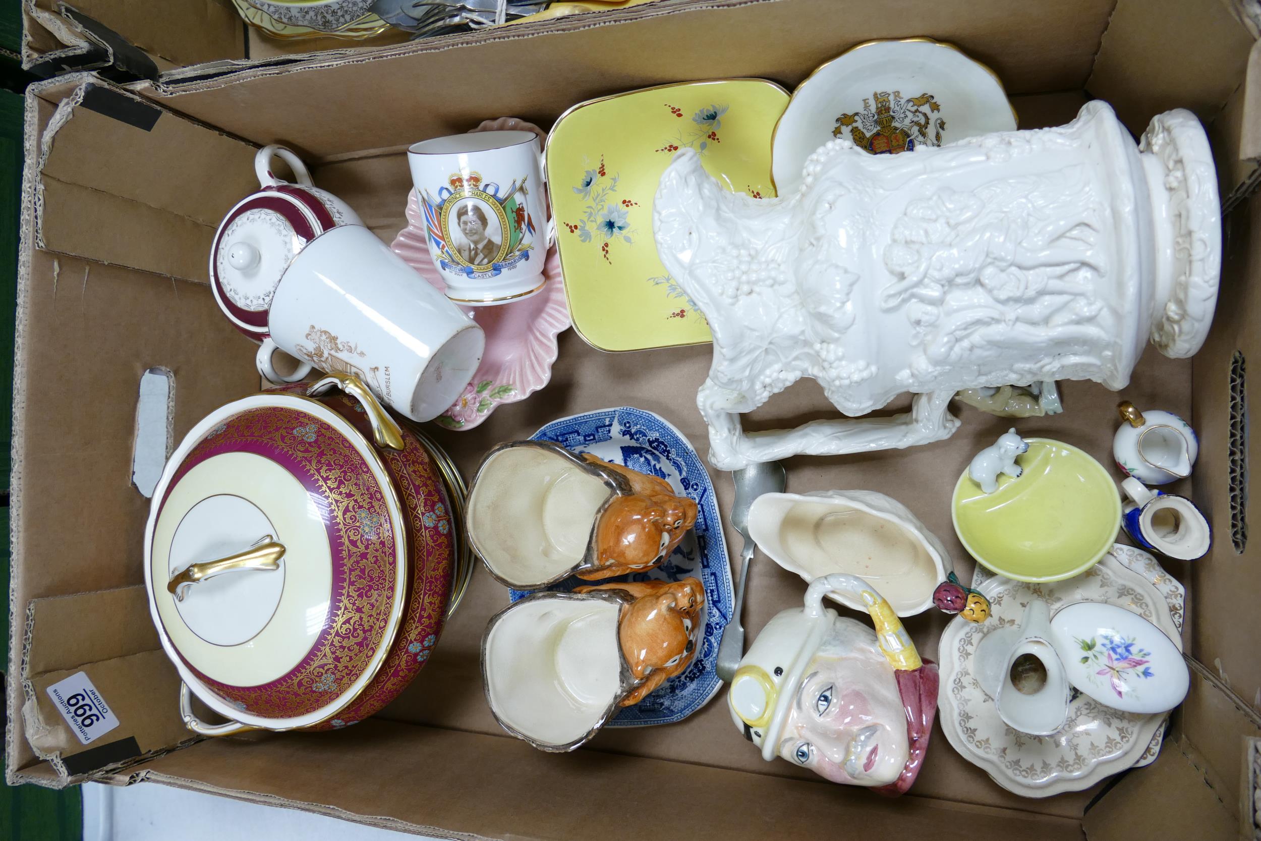 A mixed collection of items to include Tuscan tureen, Wade ashtray, embossed jug, mugs etc