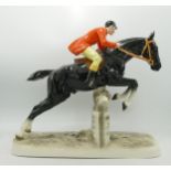Hertwig Katzhutte Art Deco figure Huntsman on horse jumping fence, approx 27cm in length
