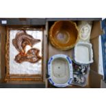 A mixed collection of items to include blue & white planter: owl plaque, planter, fridge magnets,