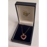 9ct hallmarked ruby & diamond set heart shaped pendant & 9ct gold chain, weight 4.6g, chain 45cm
