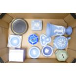 A collection of wedgwood Jasperware including vases, pin trays, wall plates, small teapot etc