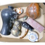 A mixed collection of Oriental items to include carved horn figure, carved soap stone item, enameled