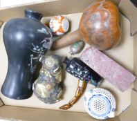 A mixed collection of Oriental items to include carved horn figure, carved soap stone item, enameled