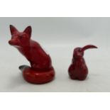 Royal Doulton Flambe seated Fox & Lop Eared Rabbit, tallest 10cm, boxed(2)