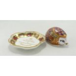 Royal Crown Derby Orchard Hedgehog Paperweight & Golden Jubilee Imari Petal tray, both boxed(2)