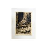 Herbert Dicksee etching LUCKY DOG: Girl sitting on step and patting dogs head, with 6 ducks