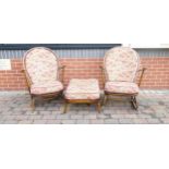 Ercol Hoop back Armchairs & Rocking Chair with matching stool(3)