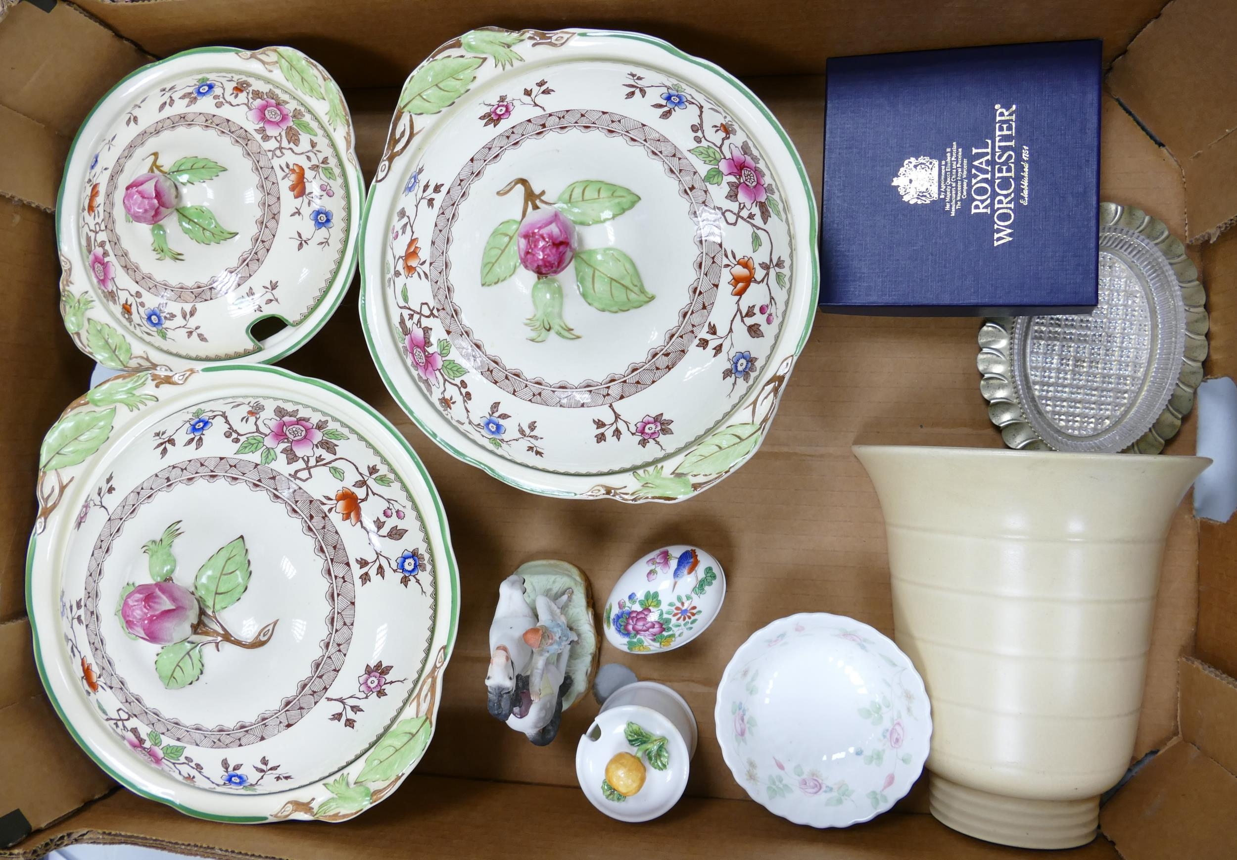 A collection of mixed pottery items: including three Royal Cauldon tureen & covers, wall plaque etc