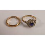 9ct gold hallmarked wedding band / ring, together with 9ct gold ring set with blue & white stones.