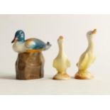 Royal Doulton early model of a mallard duck seated on raised rock together with two unmarked duck in