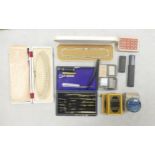 A collection of collectable items including cut throat razor,Geometry boxed set, 2 sets of pearls,