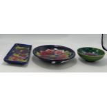 Moorcroft Anemone on Blue Ground patterned dish, oblong tray & similar green ground bowl, largest