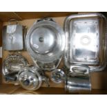 Large tray lot of silver plate including muffin dish, tea pot and various other items.