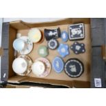 A mixed collection of items to include Wedgwood jasperware, floral cups & saucers etc
