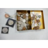 A collection of old silver and copper coins, commemorative etc