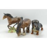 Damaged Beswick to include Galloping brown horse 1374, Grazing Shire 1050 & large Dachshund(3)