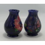 Pair Moorcroft Anemone on Blue Ground Vase, height 9cm(2)