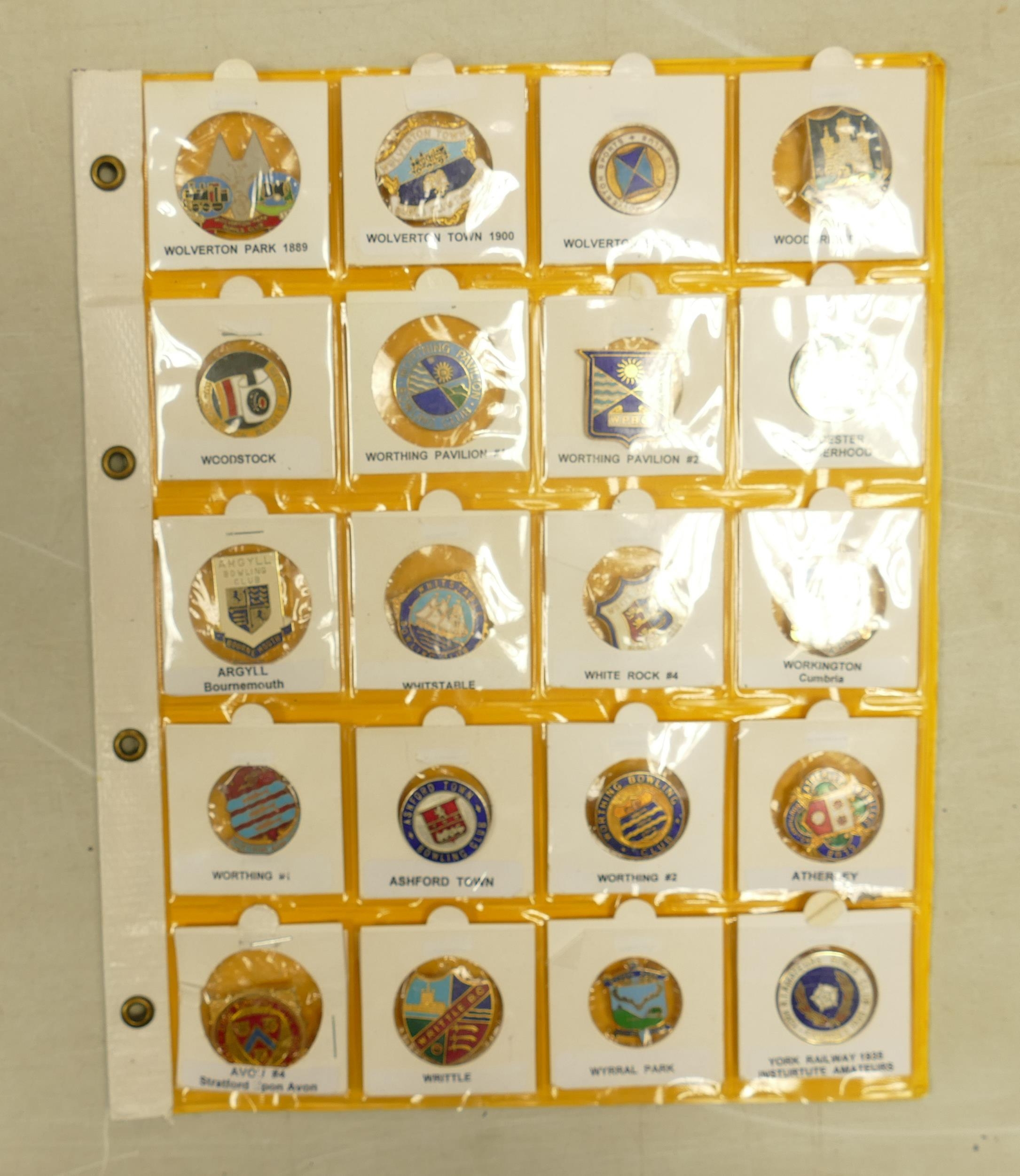 English Bowling club enamel badges x 20 on one page.This is one lot of 15 similar lots offered by us