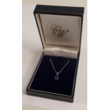 18ct hallmarked WHITE gold & pear shaped tanzanite set pendant & 18ct white gold chain, weight 1.8g,