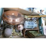 A mixed collection of items to include Brassware trays, miniature kettles, candlesticks jugs etc