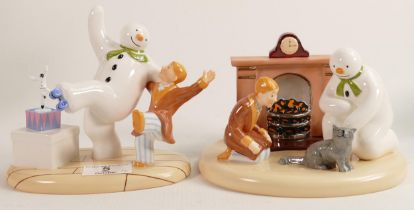 Two Coalport Limited Edition Snowman Tableaus - By the Fireside & Trading the Boards