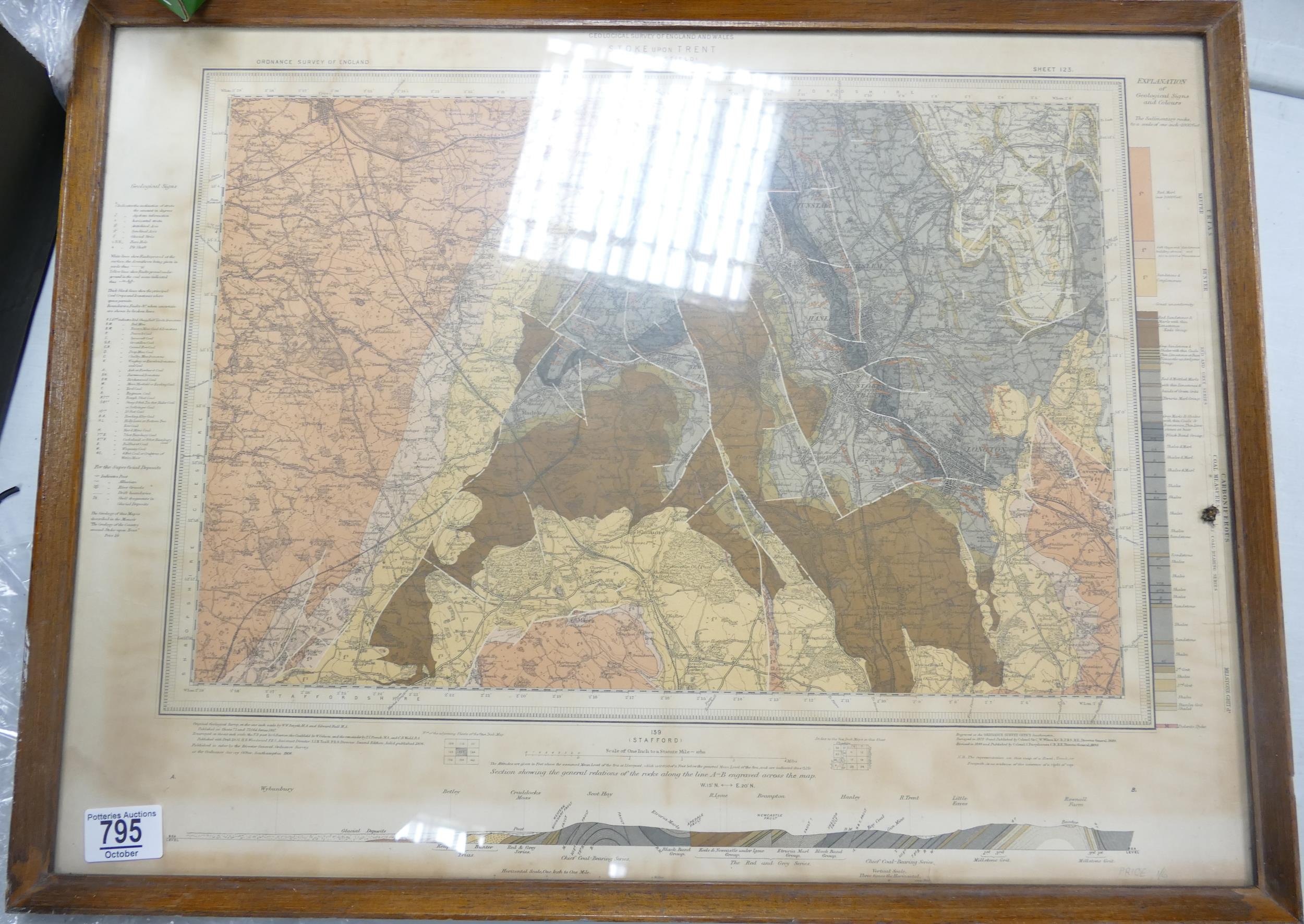 Framed Geological Survey of Stoke on Trent, frame size 47 x 61cm