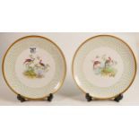 Two Early 20th Century Hand decorated Cabinet plates with images of Birds of Paradise, initialed MHH