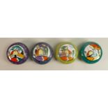 Carltonware Handpainted Marie Graves Clarice Cliff Theme lidded boxes, each diameter 10cm(4)