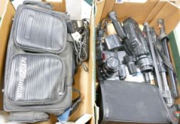 A mixed collection of camera equipment including Minolta 7000 film camera, Sony CCd-F555e =video *