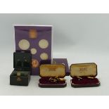 Cased set of Coinage of Great Britain 1970, Berrys Patent match striker and two pairs gold plated