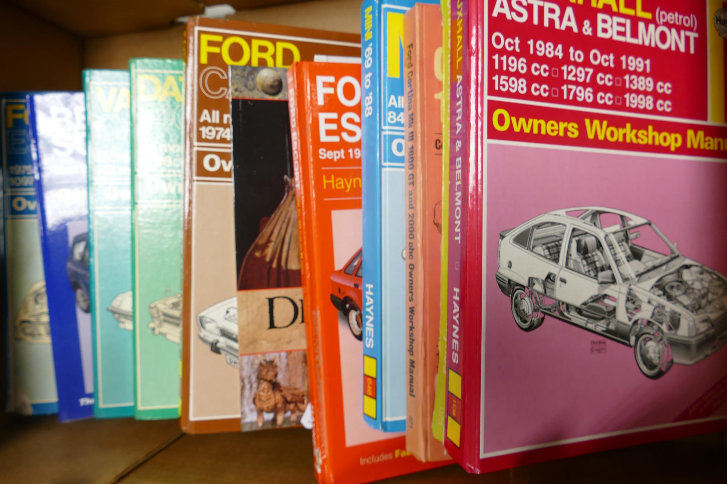 A collection of Haynes Motor Manuals including Ford Cortina GT, Ford Escort, Mini, Ford Capri etc