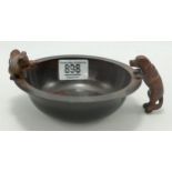 Coldpanted Bronze ? small bowl with Cat and dog theme, diameter 13cm