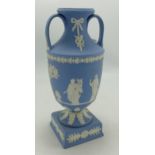 Wedgwood jasperware twin handled urn. Height 22cm. 1 handled has been reglued