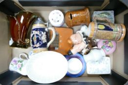 A mixed collection of items to include vintage pottery jelly mould, German Beer Stein, Tankards etc