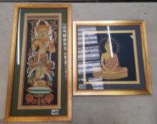 Two contemporary framed cotton paintings with a religious theme, size of largest 69cm x 36cm (2).