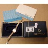 A 1970's 9ct gold ladies Certina branded wristwatch, original box, papers and sale receipt.