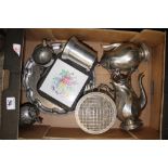 A polished pewter 4 piece tea service with Tray together with cut glass and rose bowl etc (1 tray)